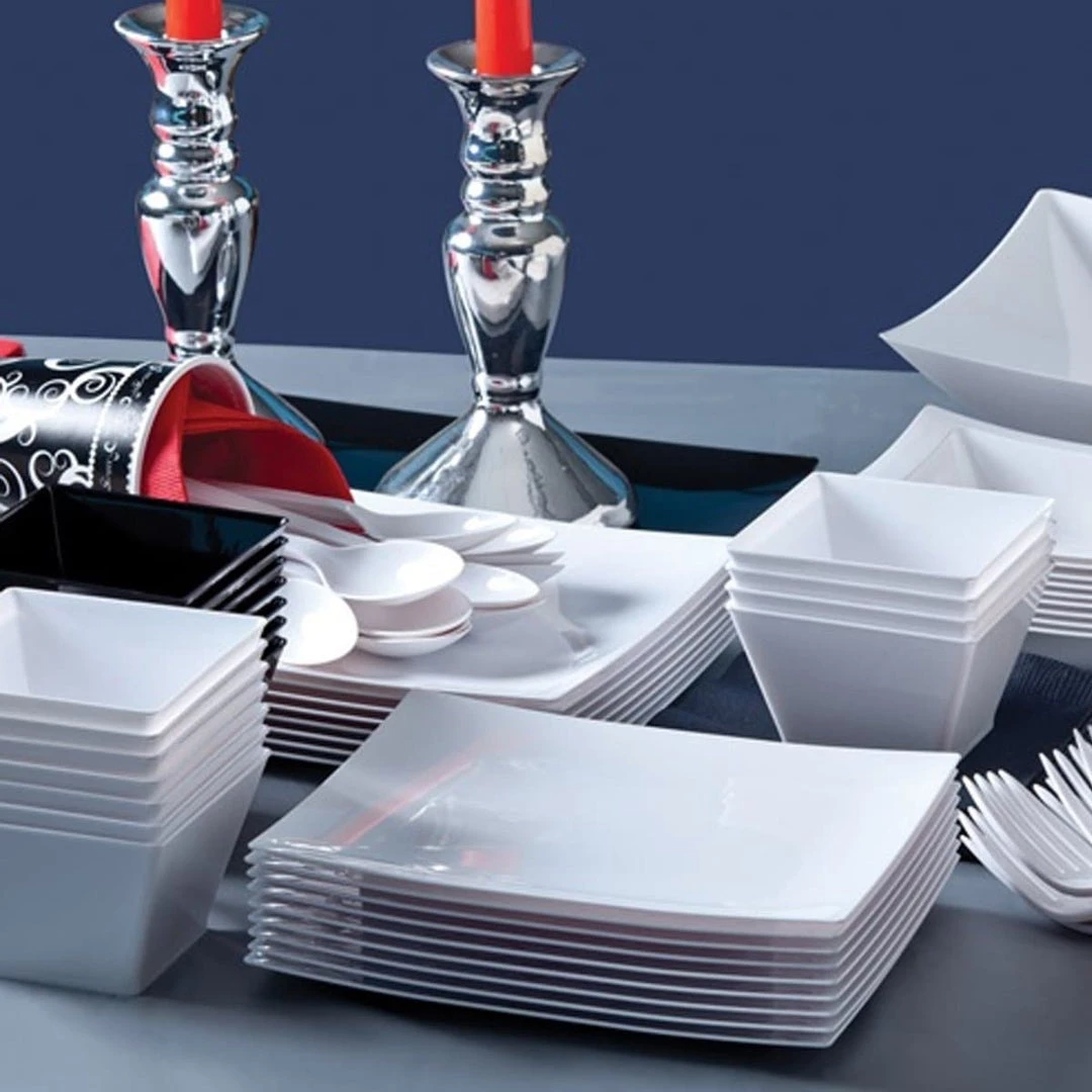 Lillian Tablesettings Elegant Party Sets ELEGANT RECTANGULAR PEARL WHITE PLASTIC TABLEWARE PACKAGE 2 Lillian Tablesettings Elegant Party Sets ELEGANT RECTANGULAR PEARL WHITE PLASTIC TABLEWARE PACKAGE