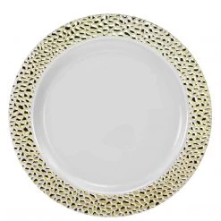 Lillian Pebbled Plastic Dinner Plate Gold Rim 9" Elegant Plates