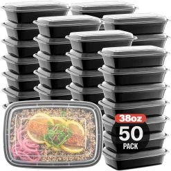 OnlyOneStopShop Meal Prep Containers 38oz Black Rectangular Microwavable MealPrep Containers With Clear Lids