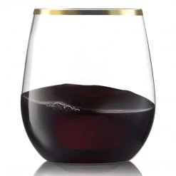 Decorline Gold Rim Stemless Plastic Wine Glasses Goblet 12 Oz Elegant Cups
