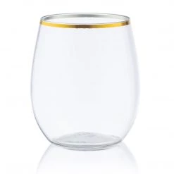 Decorline Gold Rim Stemless Plastic Wine Glasses Goblet 12 Oz Elegant Cups