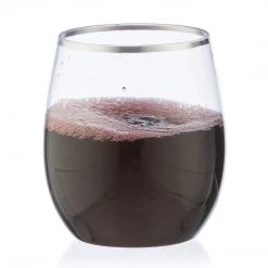 Decorline Silver Rim Stemless Plastic Wine Glasses Goblet 12 Oz