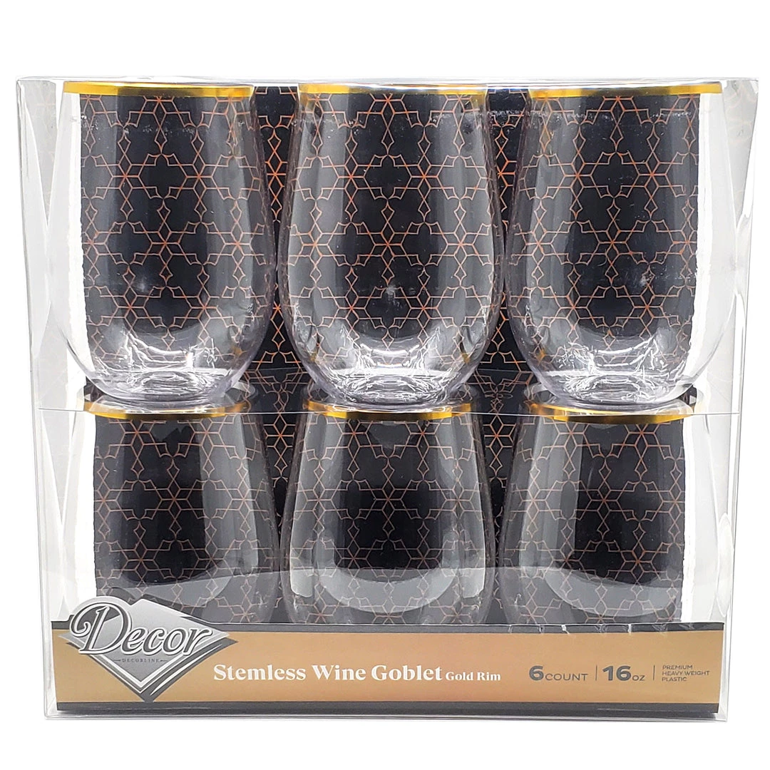 Decorline Gold Rim Stemless Plastic Wine Glasses Goblet 16 Oz 3 Decorline Gold Rim Stemless Plastic Wine Glasses Goblet 16 Oz