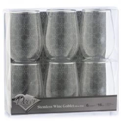 Decorline Silver Rim Stemless Plastic Wine Glasses Goblet 16 Oz Elegant Cups