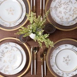 Decorline Elegant Party Sets Botanic Collection Dinner Plate White & Gold Leaves And Floral Tableware Package