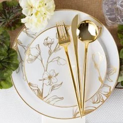 Blue Sky Antique Gold Floral Dinner Plates. Elegant Wedding Dinner Plates, Salad Plates, Forks, Spoons, Knives,Cups