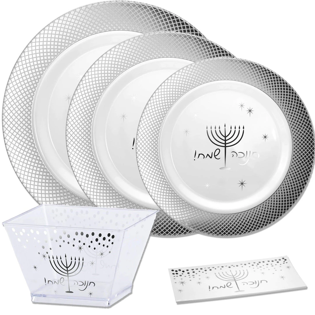 Lillian Tablesettings Hanukkah Chanukah Heavyweight Plastic Silver Plate 10.5" 2 Lillian Tablesettings Hanukkah Chanukah Heavyweight Plastic Silver Plate 10.5"