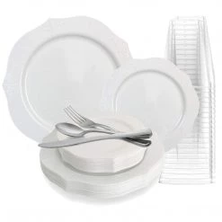 Decorline ANTIQUE COLLECTION ELEGANT WHITE PLASTIC TABLEWARE PACKAGE Elegant Party Sets