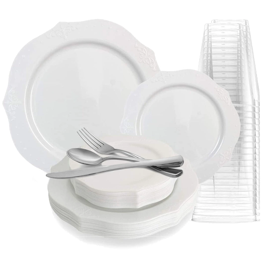 Decorline ANTIQUE COLLECTION ELEGANT WHITE PLASTIC TABLEWARE PACKAGE Elegant Party Sets 1 Decorline ANTIQUE COLLECTION ELEGANT WHITE PLASTIC TABLEWARE PACKAGE Elegant Party Sets