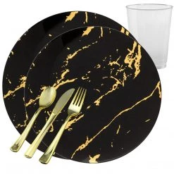 Decorline Elegant Party Sets Gold Stroke Black Dinner Plates Tableware Package