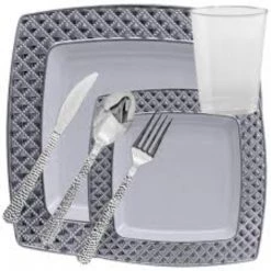 Decorline SALE Diamond Collection Dinner Plate White Silver 9.75" 10CT Clearance Sale