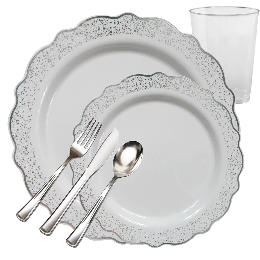 Decorline Elegant Party Sets CONFETTI COLLECTIONS PLASTIC WHITE SILVER TABLEWARE PACKAGE 1 Decorline Elegant Party Sets CONFETTI COLLECTIONS PLASTIC WHITE SILVER TABLEWARE PACKAGE