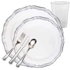 Decorline Aristocrat Collections Dinner Plate White & Silver Tableware Package Elegant Party Sets