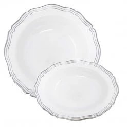 Decorline Elegant Plates Aristocrat Collection Plastic Soup Bowls White & Silver 12 Oz