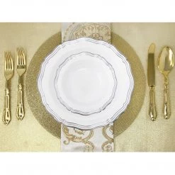 Decorline Elegant Plates Aristocrat Collection Plastic Soup Bowls White & Silver 12 Oz