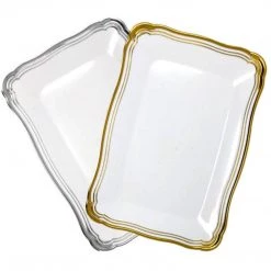 Decorline Aristocrat Collection Rectangle Serving Trays White & Silver 13” X 9” Elegant Plates