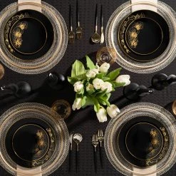 Decorline Elegant Party Sets Orchid Collection Dinner Plate Black & Gold Tableware Package Set