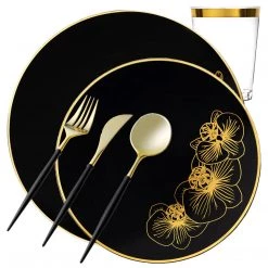 Decorline Elegant Party Sets Orchid Collection Dinner Plate Black & Gold Tableware Package Set