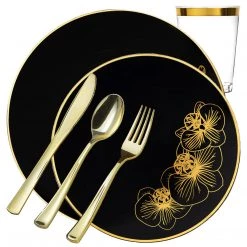 Decorline Orchid Collection Dinner Plate Black & Gold Tableware Package Set Elegant Party Sets