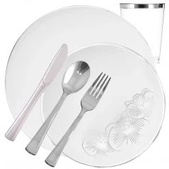Decorline Orchid Collection Dinner Plate White & Silver Tableware Package