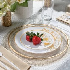 Decorline Orchid White And Gold Round Plastic Dinner Plates 7.5" Elegant Plates