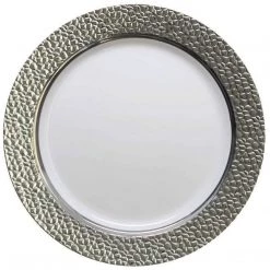 Decorline Elegant Plates Hammered Collection Dinner Plate White Silver 10.25"