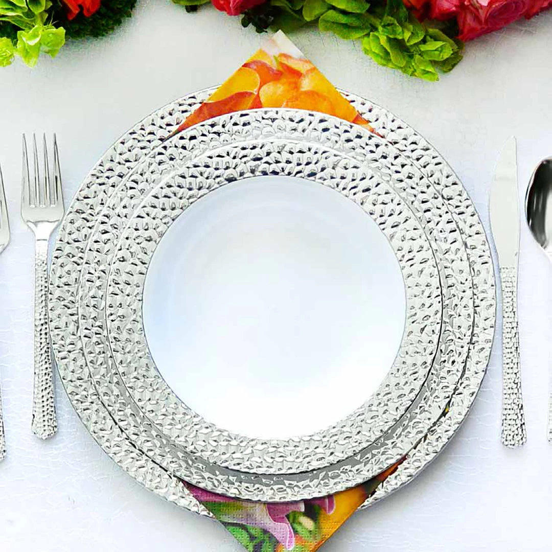 Decorline Hammered Collections Salad Dessert Plate White Silver 7.25" 2 Decorline Hammered Collections Salad Dessert Plate White Silver 7.25"