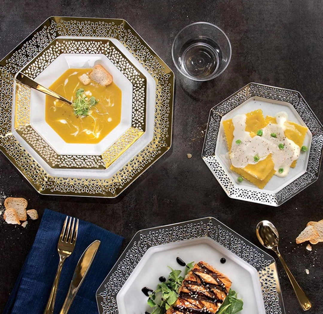 Lillian Pearl Silver Rim Lacetagon Plate 7.25" Elegant Plates 3 Lillian Pearl Silver Rim Lacetagon Plate 7.25" Elegant Plates