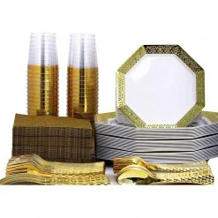 Lillian Tablesettings LACETAGON COLLECTIONS LACE GOLD RIM PLASTIC TABLEWARE PACKAGE Elegant Party Sets