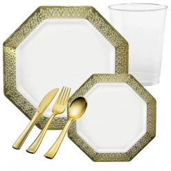Lillian Tablesettings LACETAGON COLLECTIONS LACE GOLD RIM PLASTIC TABLEWARE PACKAGE Elegant Party Sets