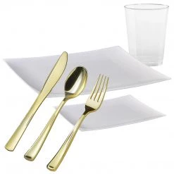 Lillian Tablesettings Elegant Party Sets ELEGANT RECTANGULAR PEARL WHITE PLASTIC TABLEWARE PACKAGE