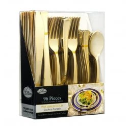 Lillian Cutlery Silverware Extra Heavyweight Plastic Disposable Flatware Combo Gold 96 Pieces