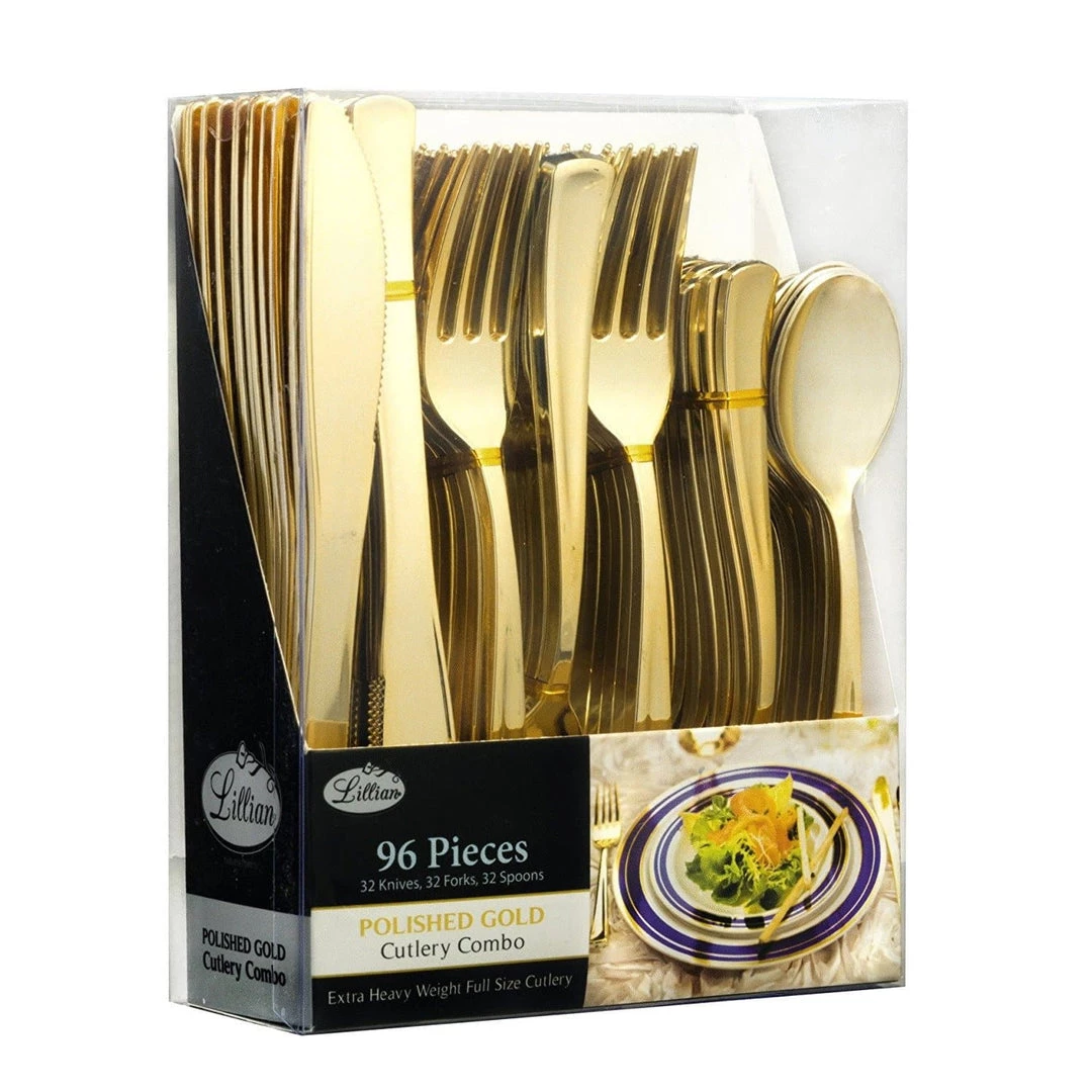 Lillian Cutlery Silverware Extra Heavyweight Plastic Disposable Flatware Combo Gold 96 Pieces 1 Lillian Cutlery Silverware Extra Heavyweight Plastic Disposable Flatware Combo Gold 96 Pieces