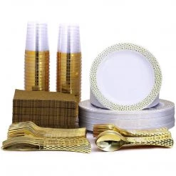 Lillian Pebbled Plastic Dinner Plate Gold Rim 10.25