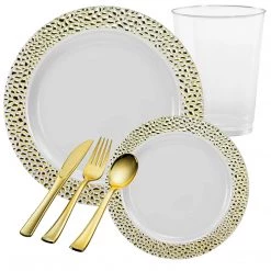 Lillian Tablesettings PEBBLED COLLECTIONS GOLD PLASTIC TABLEWARE PACKAGE Elegant Party Sets