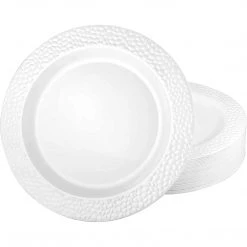 Lillian Elegant Plates Pebbled Plastic Dinner Plate White Rim 9