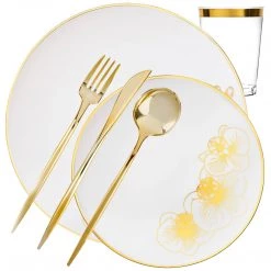 Decorline Orchid Collection Dinner Plate White & Gold Tableware Package Set