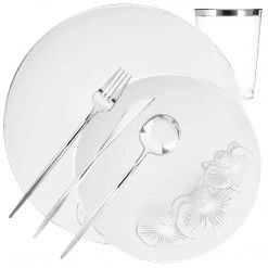 Decorline Elegant Party Sets Orchid Collection Dinner Plate White & Silver Tableware Package Set