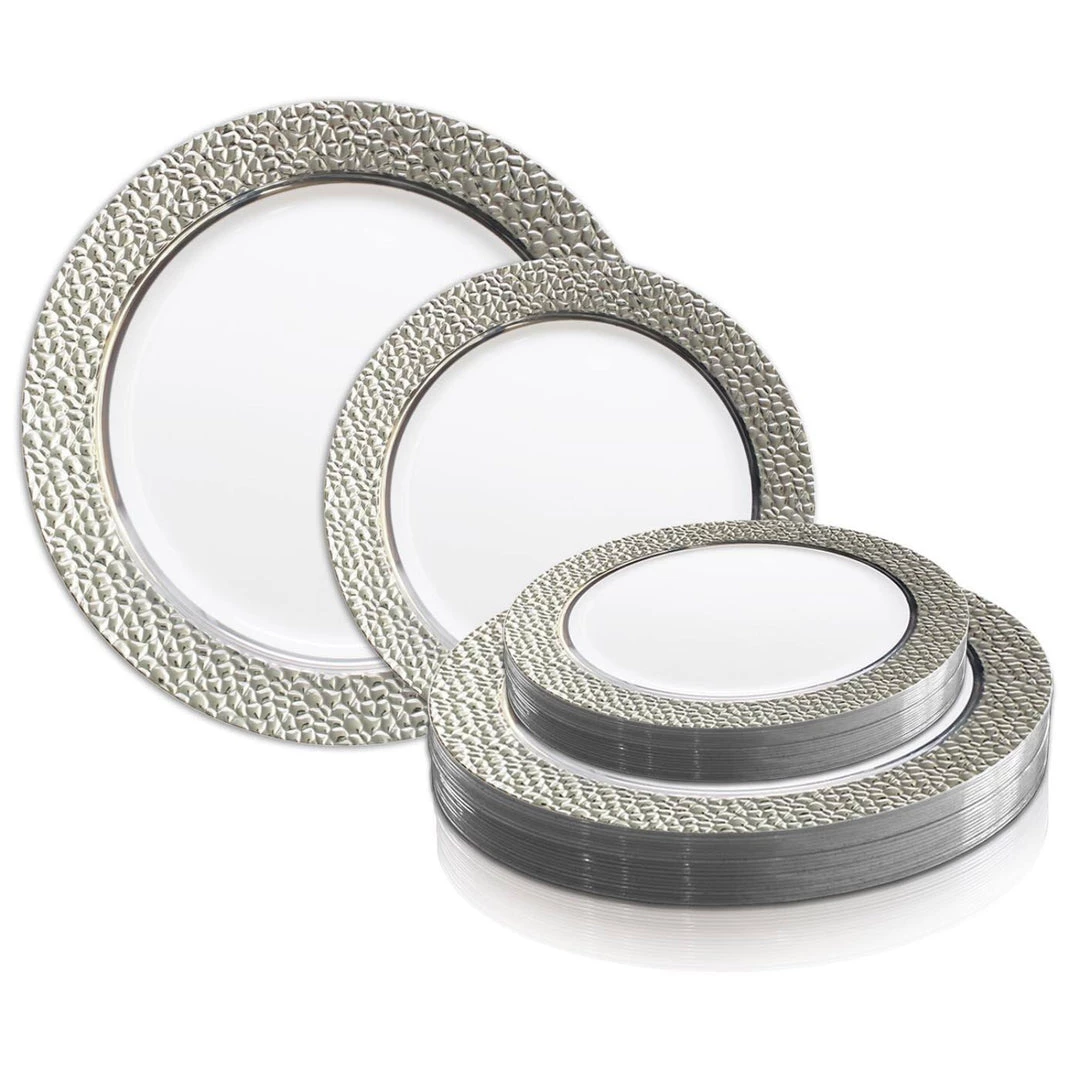 Decorline Hammered Collections Salad Dessert Plate White Silver 7.25" 5 Decorline Hammered Collections Salad Dessert Plate White Silver 7.25"