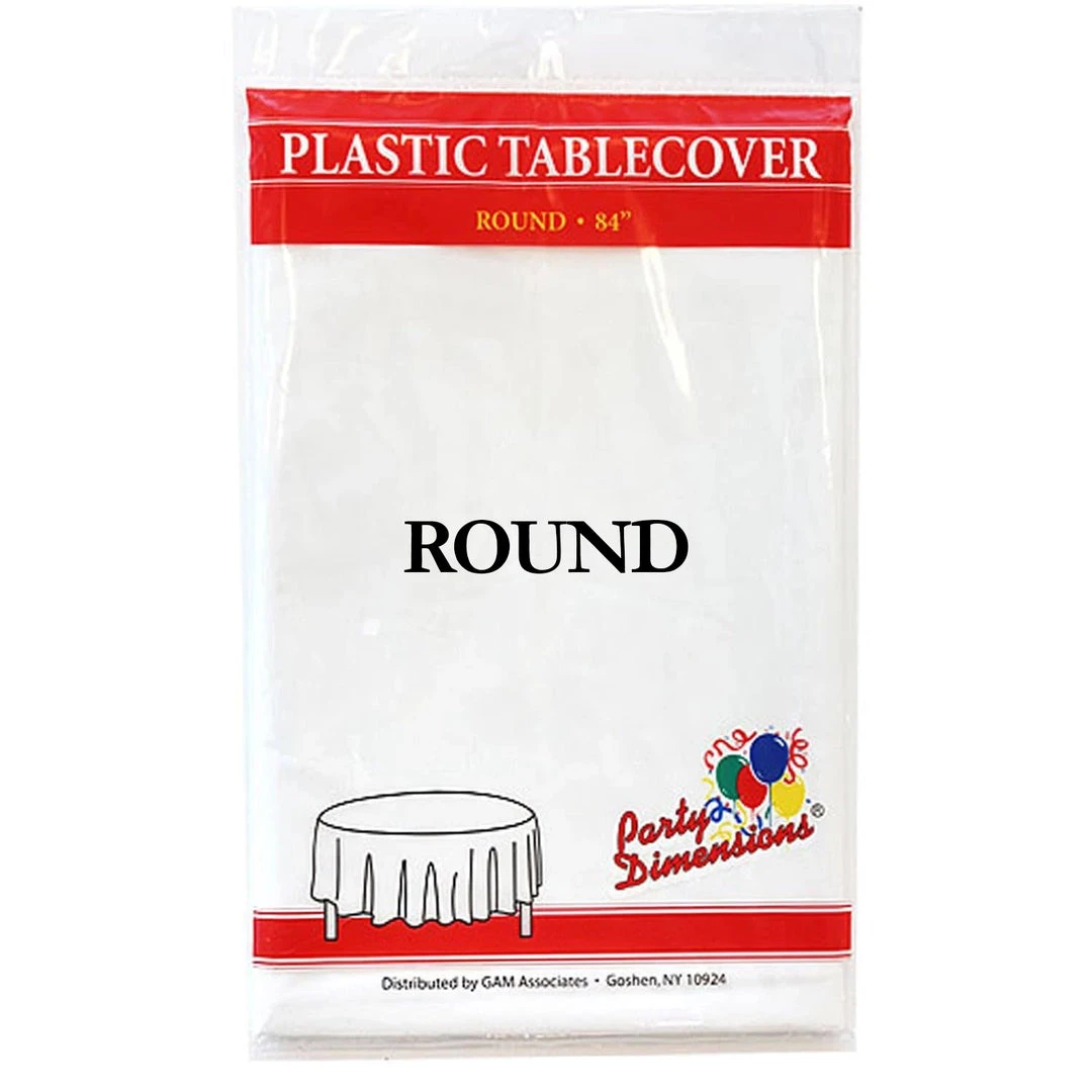 Party Dimensions TableCloth Plastic Disposable Round White 84'' 1 Party Dimensions TableCloth Plastic Disposable Round White 84''