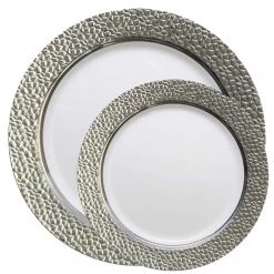 Decorline Elegant Party Sets HAMMERED COLLECTIONS WHITE SILVER PLASTIC TABLEWARE PACKAGE
