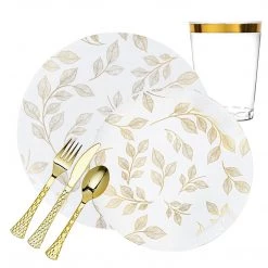 Decorline Elegant Party Sets Botanic Collection Dinner Plate White & Gold Leaves And Floral Tableware Package
