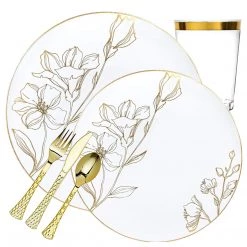 Blue Sky Antique Gold Floral Dinner Plates Tableware Package