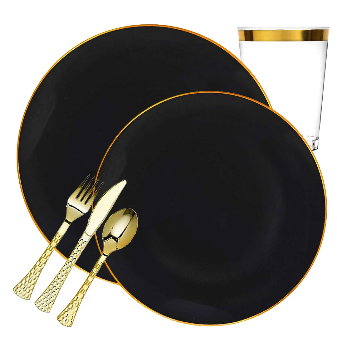Decorline Elegant Party Sets Organic Collection Dinner Plate Black & Gold Rim Tableware Package 1 Decorline Elegant Party Sets Organic Collection Dinner Plate Black & Gold Rim Tableware Package