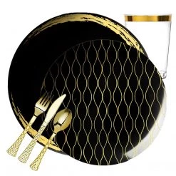 Decorline Elegant Party Sets Whisk Collection Dinner Plate Black & Gold Tableware Package